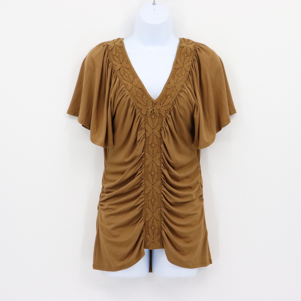 Anthropologie Flutter Sleeve Top Women M Brown Crochet Ruched Boho Bohemian Chic